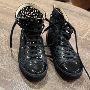 CHANEL Black Lace-Up Sneakers with Cut-Out Design